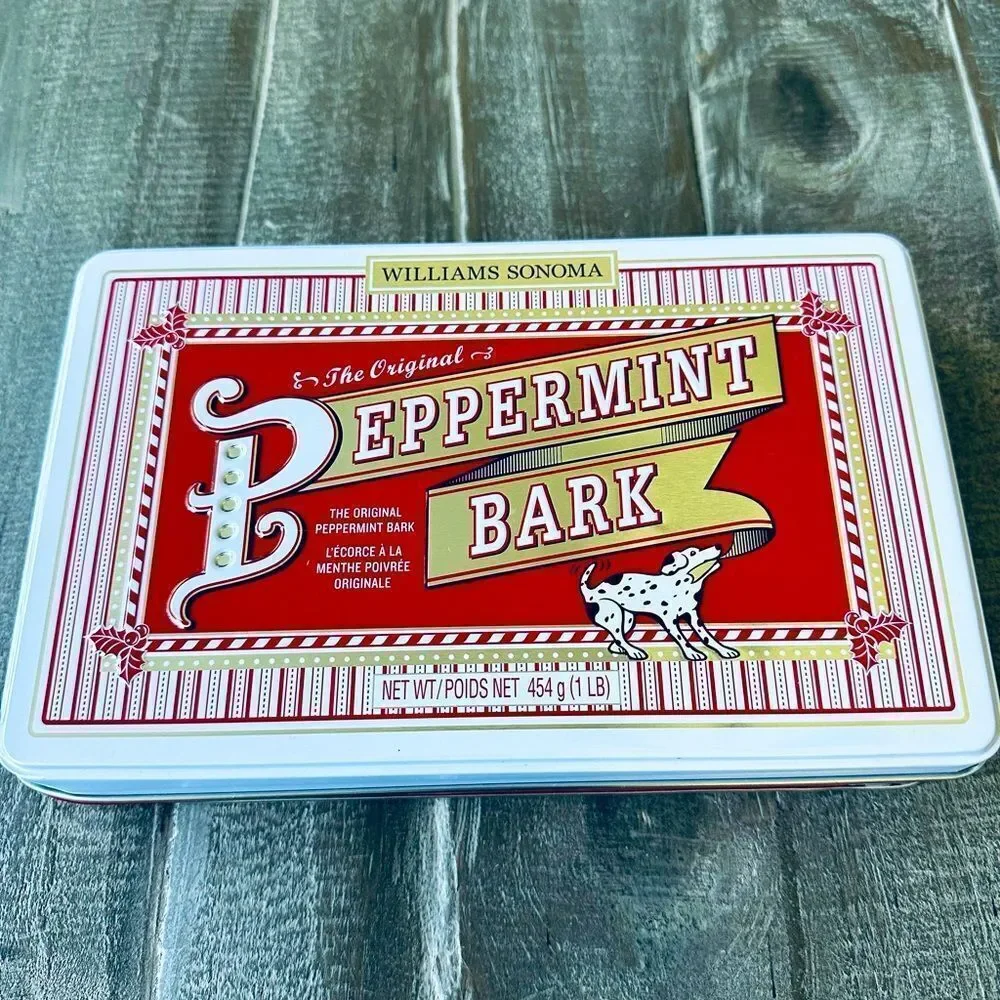 Williams Sonoma Peppermint Bark Holiday Dog Tin Storage Container